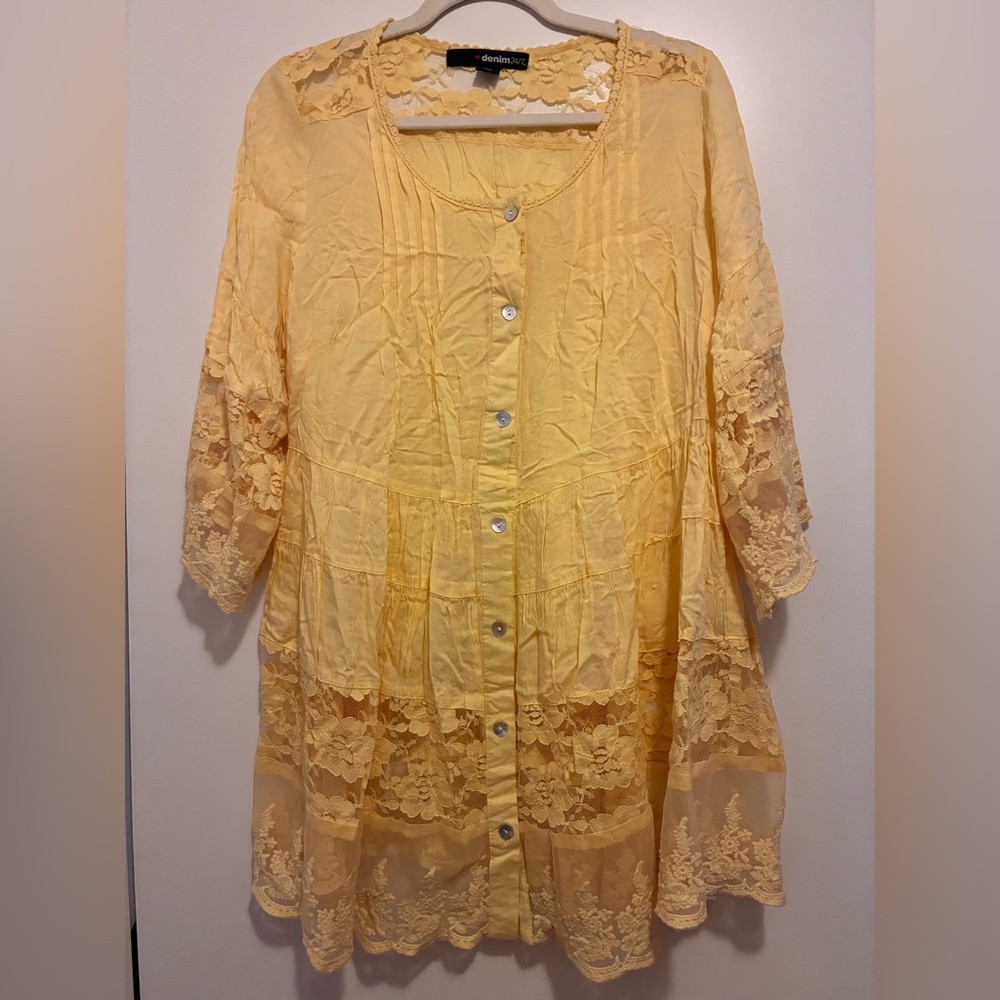 Denim&Co Soft Yellow Lace Button-Front Tunic